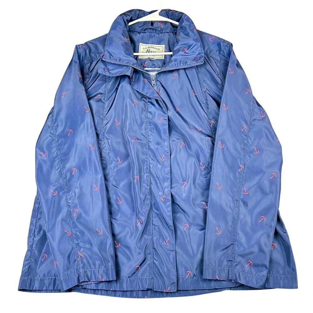 GH Bass Coastal Navy Blue Red Anchor Preppy Jacket Packable Hood Womens L